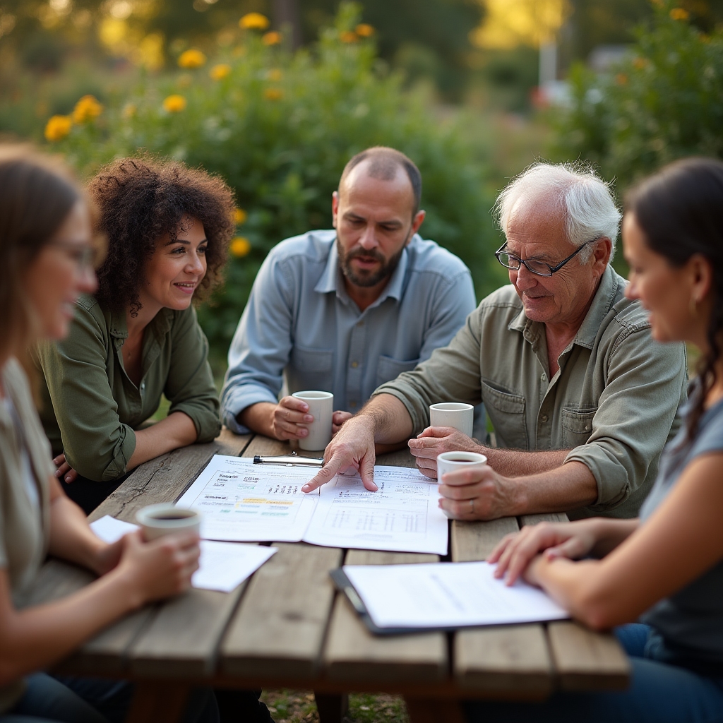Comité de participantes revisando un mapa del huerto sobre una mesa