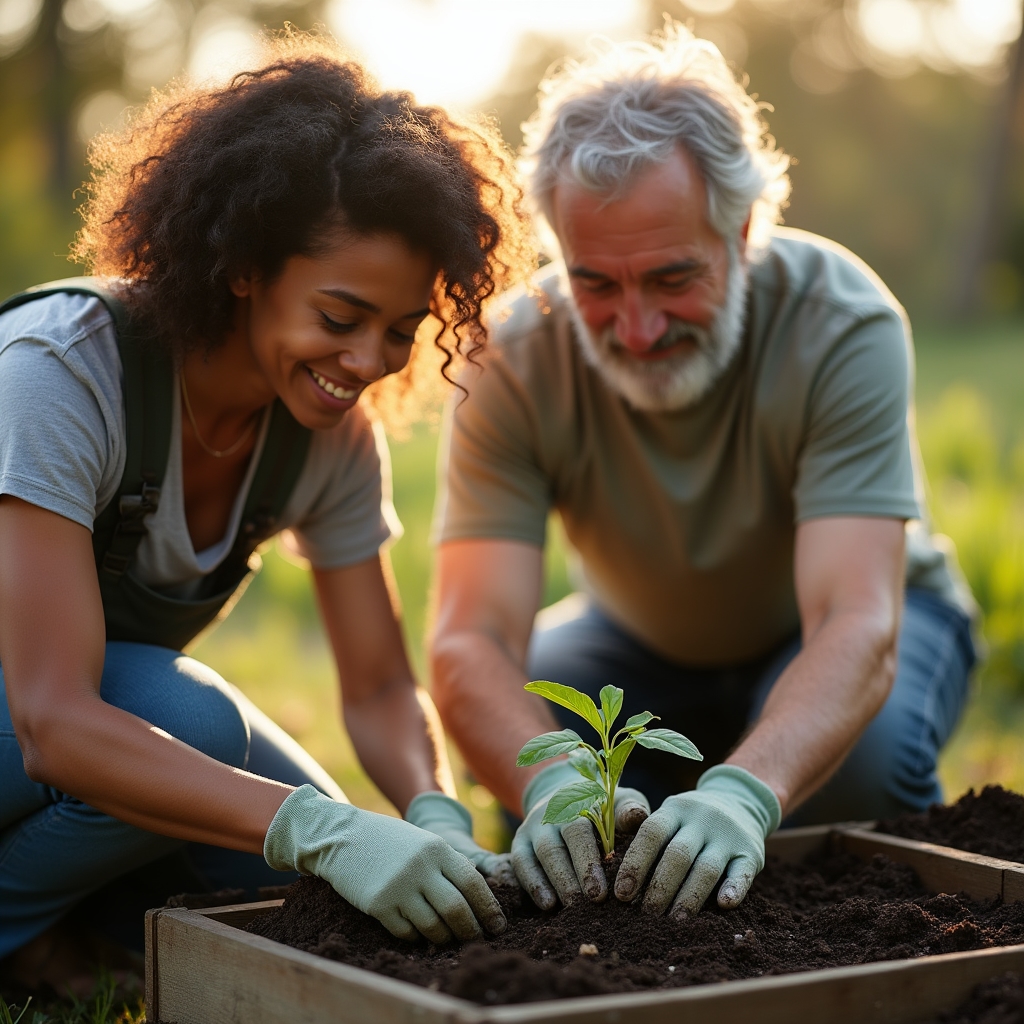 Voluntarios plantando hortalizas en un bancal elevado de un huerto urbano
